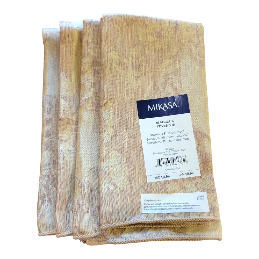 NEW Vintage Mikasa Isabella Cloth Napkins in Gold and Blush 18" (Set of 4)